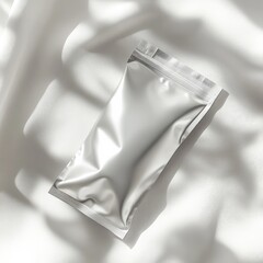Poster - Minimalist Silver Pouch Mockup on White Fabric with Natural Shadow, Perfect for Beauty, Food, or Healthcare Product Presentation.