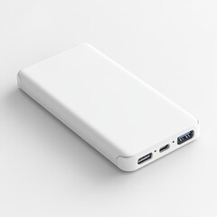 Poster - Sleek White Portable Power Bank for Mobile Charging, Featuring USB Ports and Minimalist Design, on a Clean White Background.