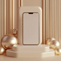 Leinwandbilder - Smartphone Mockup Display on Podium with Gold Accents and Abstract Background, Perfect for App Design Presentation.