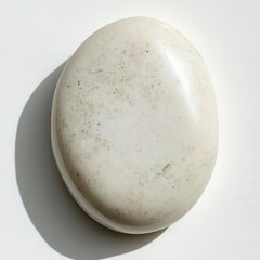 Poster - Tranquil Simplicity: Close-up of a Smooth, Cream-Colored Stone Resting on a Pristine White Surface, Casting a Soft Shadow.