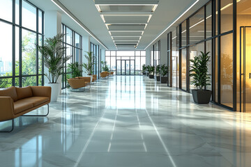 Poster - Modern office interior with spacious layout, large windows, and natural light. design features elegant furniture, greenery, and polished floor, creating welcoming atmosphere