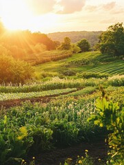 Aufkleber - Vibrant farm landscape with fresh organic produce prepared for delivery under warm sunlight Generative AI