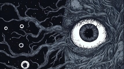 Wall Mural - cosmic eye night sky, tree roots, surreal art
