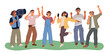 © YummyBuum - Young people group music listening. Happy friend use earphones and speakers, joyful melomanes characters, dancing, young men and women cartoon flat style isolated garish vector concept