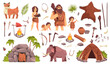 © YummyBuum - Stone age characters. Primitive culture elements, people dressed in animal skins, pottery and stone utensils and weapons, prehistoric family cartoon flat style isolated tidy vector set