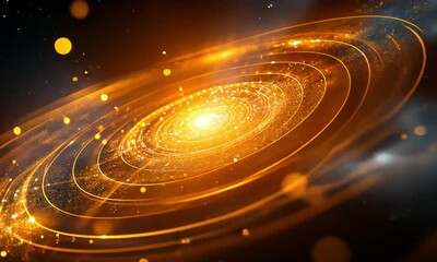 Wall Mural - Breathtaking cosmic galaxy swirling with golden celestial dust and bright glowing stars in deep space.