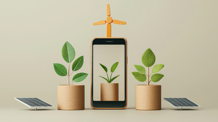 Aufkleber - smartphone with wind turbine and plants symbolizes sustainable technology and renewable energy. Solar panels enhance eco friendly theme, promoting green innovation