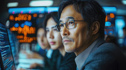Aufkleber - focused man in suit observes data on screen in modern office environment, surrounded by colleagues. atmosphere conveys concentration and teamwork in high tech setting