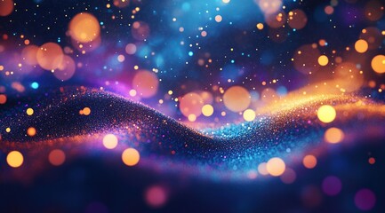 Abstract glittery background with bokeh lights and glowing particles in blue, purple, and orange colors. Shiny space wave for luxury design or party invitation banner.