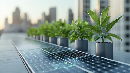 Aufkleber - row of potted plants is placed alongside solar panels on rooftop, symbolizing sustainable urban living and green technology integration in cityscape