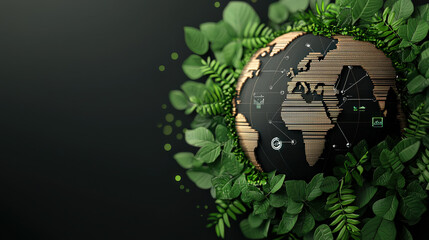 Poster - digital representation of Earth is surrounded by lush green leaves, symbolizing environmental sustainability and technology integration. image conveys sense of harmony between nature
