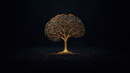 Fototapete - glowing tree made of digital binary code stands out against dark background, symbolizing fusion of nature and technology. luminous branches create striking visual effect