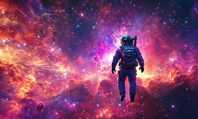Wall Mural - Astronaut in a glowing nebula space, surrounded by colorful cosmic dust and floating through the vast universe.  