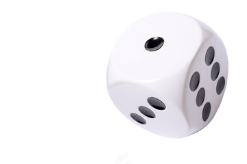 Fototapete - Isolated large white die or dice with black dots on white background, template of a die or dice, gambling addiction or table game concept, copy space