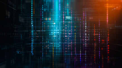 Wall Mural - digital data stream: a dynamic display of digital data streams flowing across a dark space, embodyin