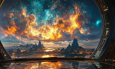 Wall Mural - Breathtaking cosmic scene viewed from a futuristic spaceship window, showcasing glowing nebula clouds and distant galaxies in deep space.