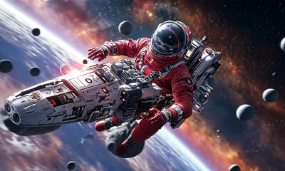 Wall Mural - Intense futuristic space battle featuring armored astronauts in combat, surrounded by debris and glowing laser fire in deep space.