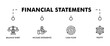© SARMANICON - Financial statements banner web icon vector illustration concept with icon of graph, balance sheet, pie chart, income statements, money, calculator, income, earning, cash flow, equity, and balance