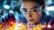 © pj - The Laboratory's Visionary: A young, determined scientist immersed in intricate research, her focused gaze illuminated by the glow of scientific discovery within a cutting-edge laboratory.