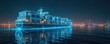 © Viktor - Digital network container ship sails night. Futuristic, glowing blue lines with city skyline background. High-tech global shipping transport, cargo industry business concept.