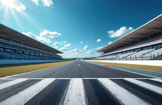 Empty race track with zebra crossing, grandstands. Clear sky. Motorsport concept for speed, motion, competition. Start line, racing track, racing event, champion success.
