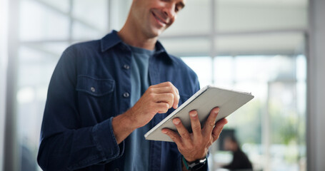 Leinwandbilder - Business, hands and tablet with man in office for administration, online planning or research. Report, review and smile with happy corporate employee in professional workplace for email feedback
