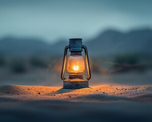 Poster - Vintage lantern warm light sand desert background