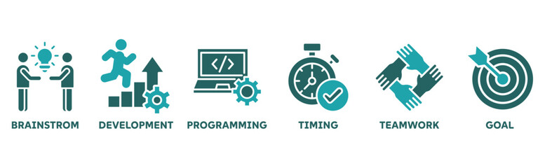 Hackathon icon set illustration concept for design sprint-like social coding event with icon of brainstorm, development, programming, timing, speed, teamwork, and goal