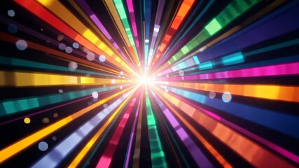 Wall Mural - abstract background of multi colored light streaks emanating from central point on black backdrop wi