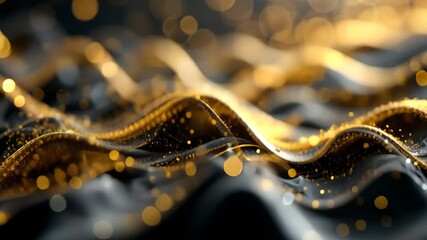 Wall Mural - abstract gold particles flowing over dark wavy background with bokeh lighting
