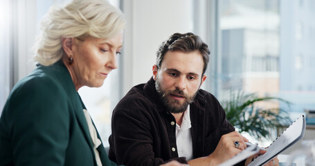 Leinwandbilder - Client, meeting and paperwork with business people in office for negotiation, feedback and planning. Advisor, consulting and proposal with employee in agency for contract policy, review and project