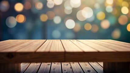 Wall Mural - wooden table perspective with blurred bokeh lights in a warm color background