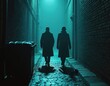 © Viktor - Two men walk in foggy, dim alley. Atmospheric shot, night, urban scene. Mysterious, thriller, suspenseful mood. Silhouettes in trench coats, secret meeting, espionage.