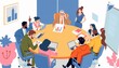 © ChristianRiyanfhi - Animated diverse group in a round table meeting, discussing strategies and sharing insights in a vibrant corporate office space.