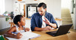 © peopleimages.com - Remote work, girl and father with help, busy and distracted for deadline, education and homework. Dad, daughter and multitasking with child, learning and questions with attention in home for study