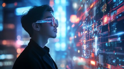 Futuristic man wearing advanced technology glasses while looking at digital display