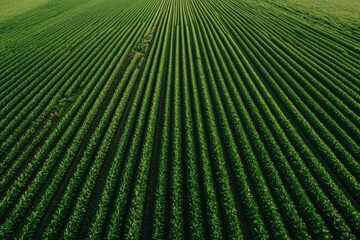 Leinwandbilder - Perfectly aligned green crop rows extend into the horizon under soft lighting showcasing natural beauty and symmetry in farmland Generative AI
