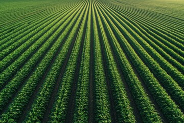 Leinwandbilder - Perfectly aligned green crop rows creating a stunning minimalist landscape in soft lighting during the golden hour Generative AI