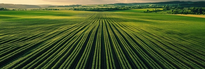 Leinwandbilder - Minimalist aerial view of perfectly aligned green crop rows in soft lighting with striking symmetry and a natural color palette Generative AI