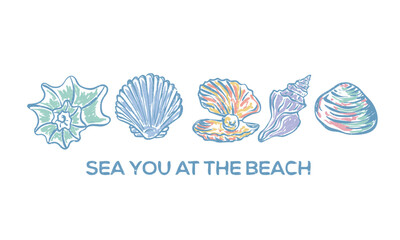 Wall Mural - Sea you at the beach. Beach modern abstract art. Sound of the sea. Seashell vintage artwork. Summer vibes artwork. Seashell line drawing. 
