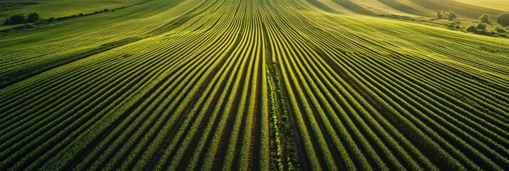 Poster - Perfectly aligned green crop rows stretch into the horizon under soft lighting and clean symmetry during early morning hours Generative AI