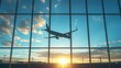 © ffunn - airplane silhouette flying against the background of large windows in an airport, with ample space for text