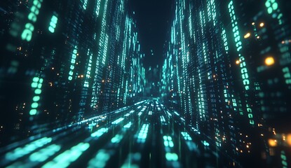 Futuristic digital landscape with green and blue binary code flowing in a tunnel effect.