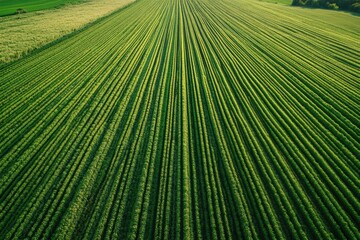 Leinwandbilder - Minimalist aerial view of green crop rows creating symmetry in natures landscape during soft lighting conditions Generative AI