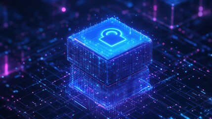 Digital security cube, glowing circuits, technology background, for digital protection concepts