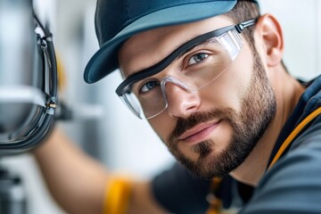 Poster - Technician wearing safety glasses working on industrial machinery