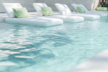 serene pool setting with white loungers, light green pillows, and a gently rippling water surface.