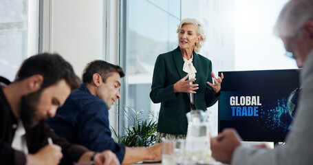 Leinwandbilder - Global trade, meeting and presentation with business people in office boardroom for investment training. Computer screen, education and finance with corporate team in workplace for wealth management