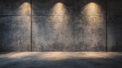 Poster - Three spotlights illuminate a textured concrete wall and floor, creating a dramatic, moody atmosphere.