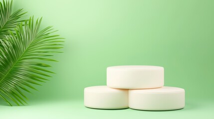 Wall Mural - Abstract composition featuring a plant and three white cubes on a cream background creating a minimalist aesthetic